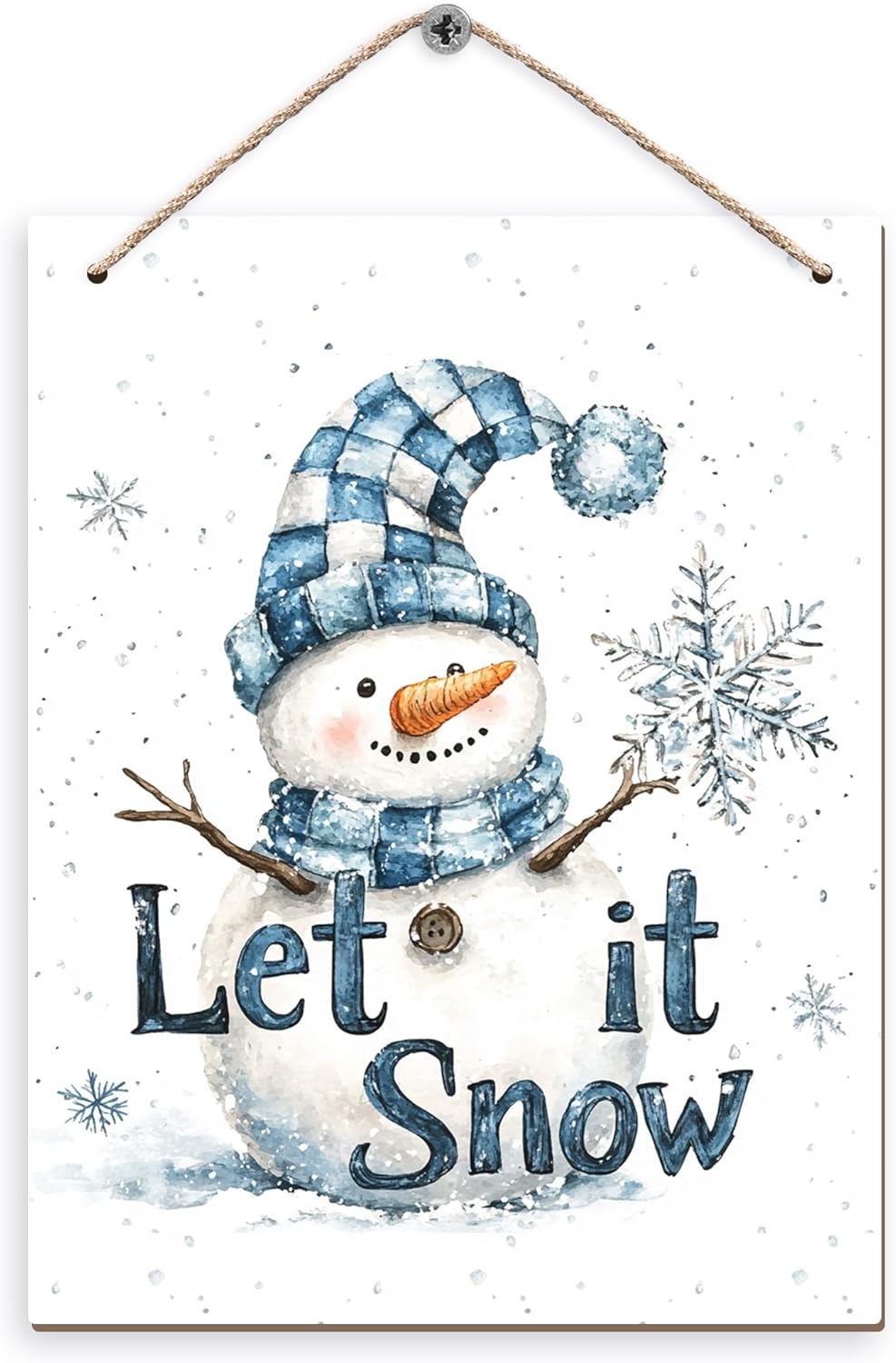 Winter Snowman Hanging Wooden Signs 12x6, Let It Snow Signs, Winter Wall Decor, Winter Door Decor, Blue Snowman Winter Snowflakes Home Room Office Hanging Wall Decor