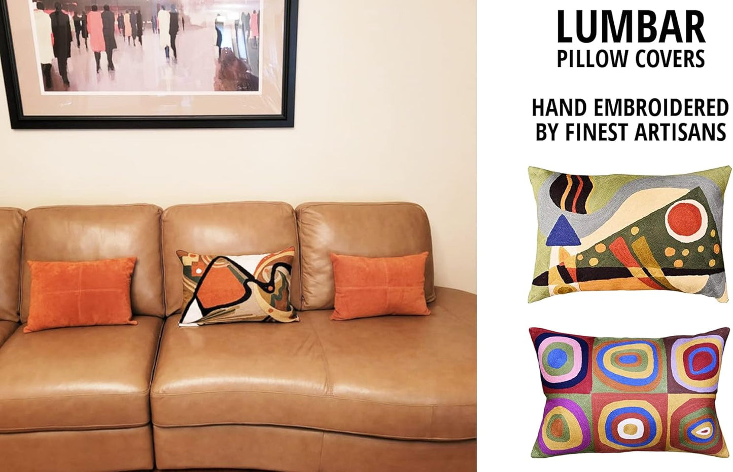 Lumbar Modern Pillow Cover - Kandinsky in Flow Burnt Orange Abstract Farmhouse Pillowcase Modern Chair Cushion Contemporary Outdoor Cushions Hand Embroidered Wool Size 14x20