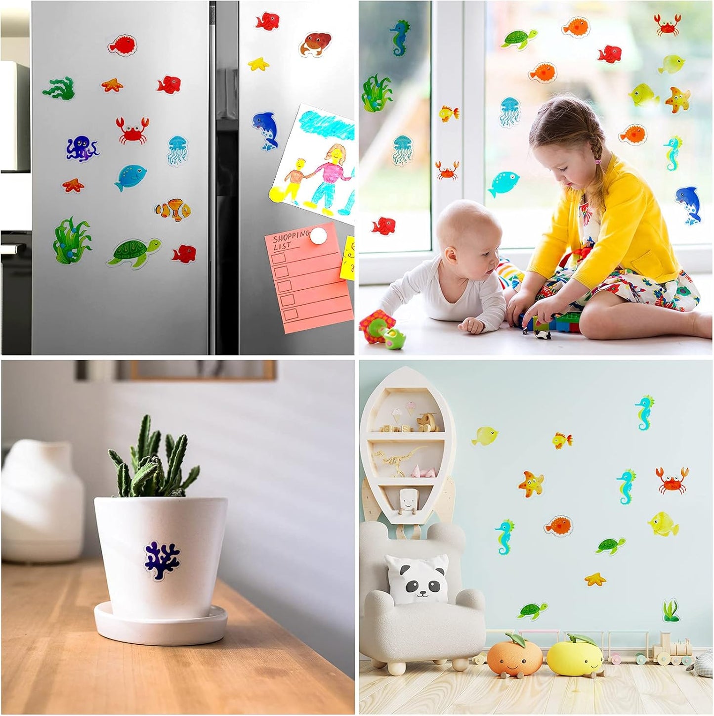 Tevxj Sea Animals 40pcs Thick Gel Clings, Multicolor Vinyl Decals for Kids, Reusable Window Stickers, Ocean Themed Party Supplies for Home, Car, Classroom, Nursery Decorations