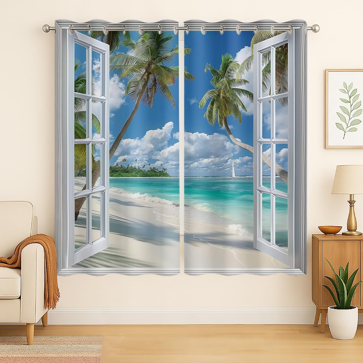 Beach Blackout Curtains for Girls Boys Teens Home Decor, Tropical Summer Scene Ocean Island Palm Tree Grommet Thermal Insulated Drapes Darkening Window Curtain for Bedroom Living Room, 55 x 63 Inch