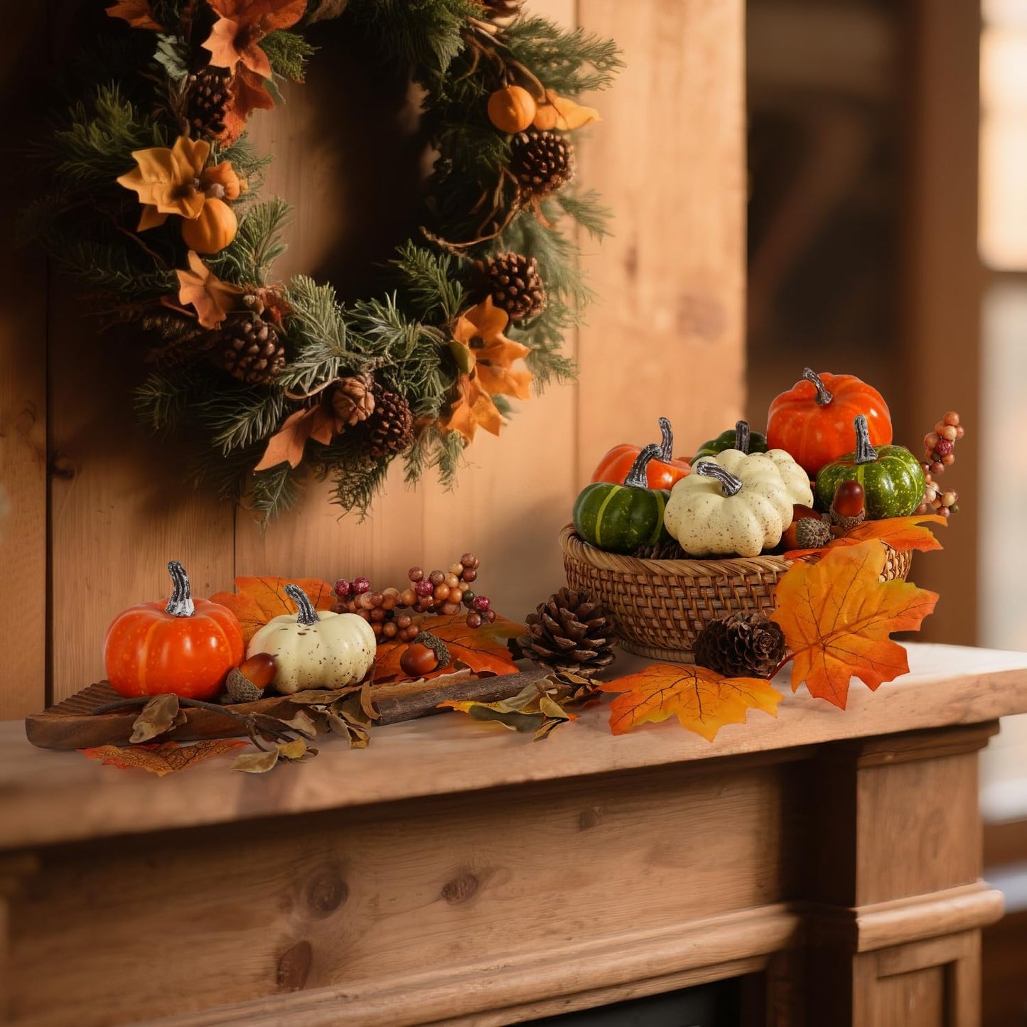 Artmag Pumpkin Decor Set, 25 PCS Fall Artificial Maple Leaves, Harvest Pumpkins, Acorns, Pine Cones and Orange Berry Stems Decorations for Fall Thanksgiving Table Decor