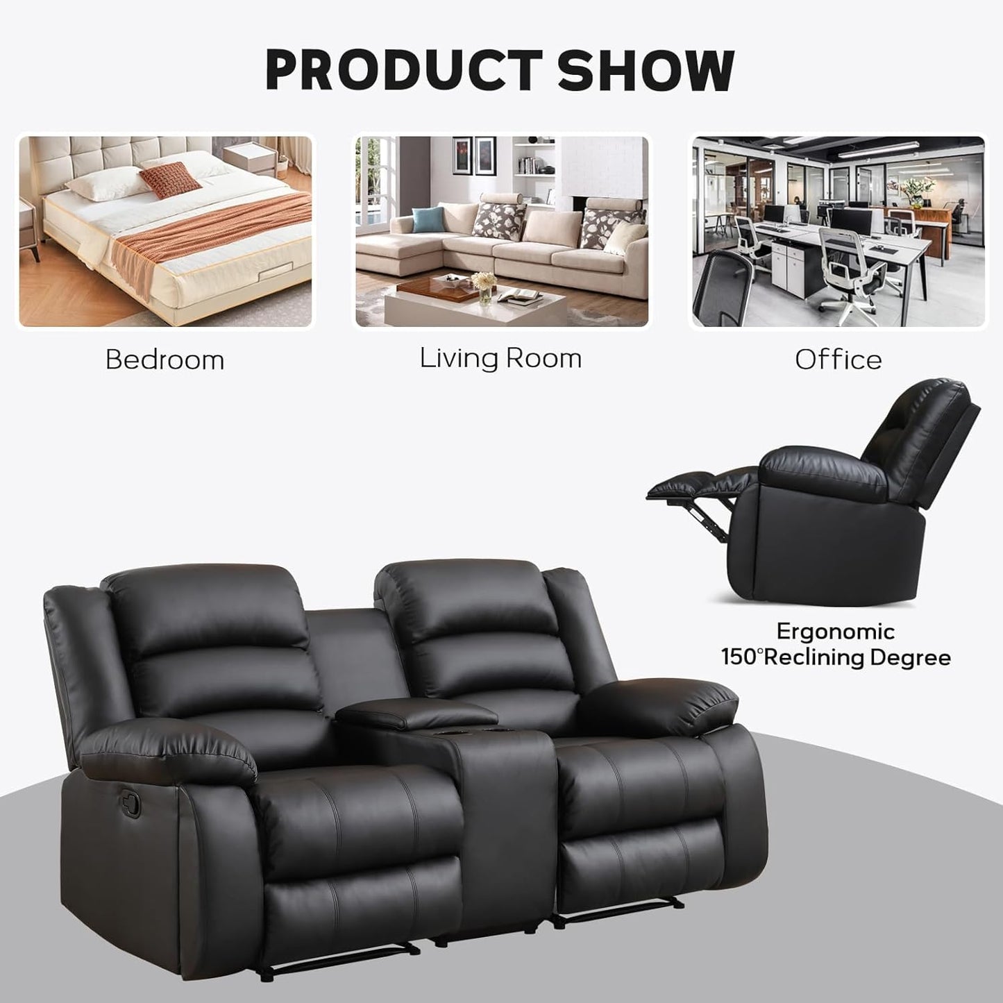 EBELLO Faux Leather Manual Loveseat Recliner, Reclining Sofa Chair with 2 Concealed Cup Holders, Hidden Storage, Overstuffed Armrest Couch Set for Living Room, Bedroom, Meeting Room(Loveseat)