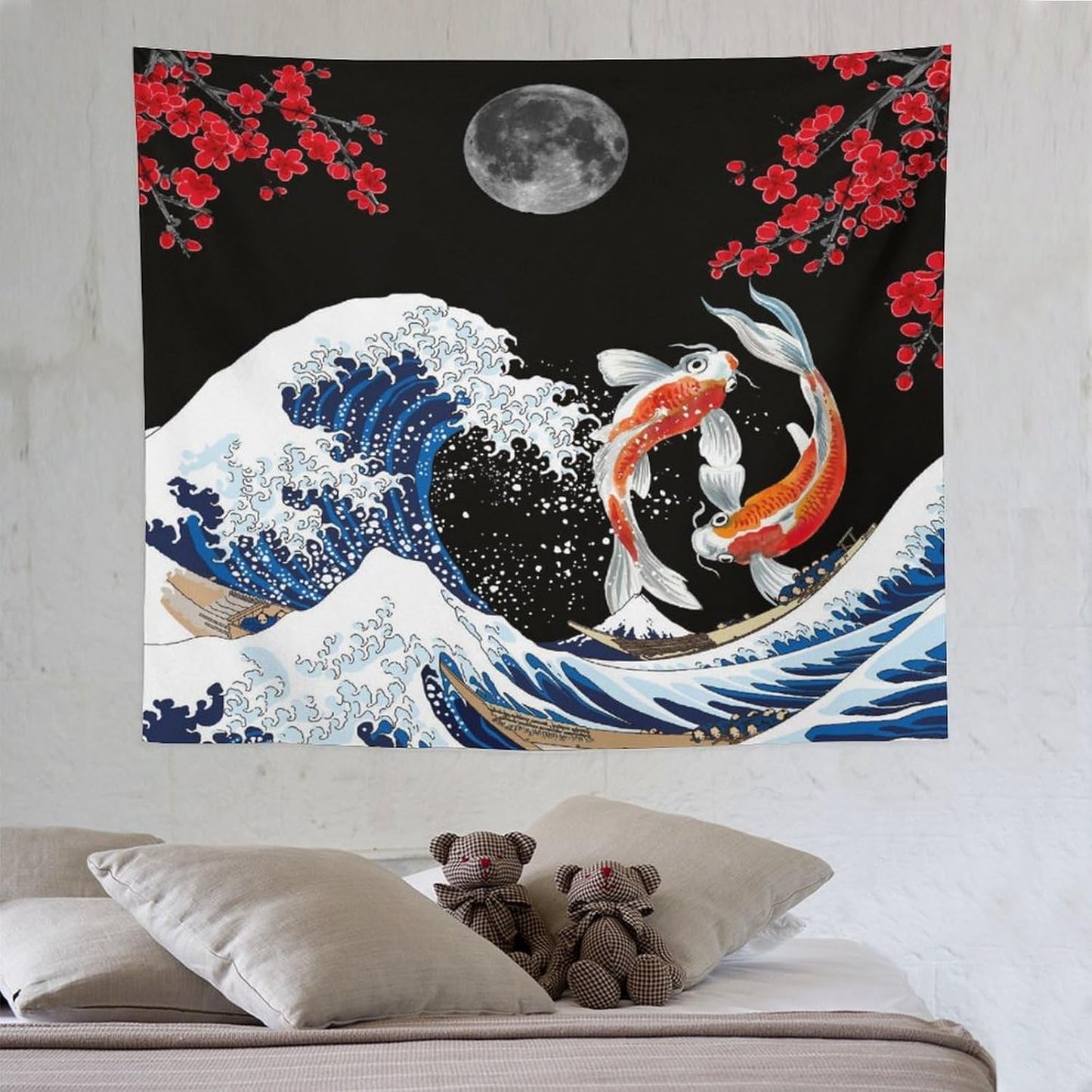 Houselerax Japanese Koi Fish Tapestry, Yin Yang Big Wave Red Cherry Blossom Tapestries Wall Hanging for Bedroom Living Room Office Decor 60"x50"