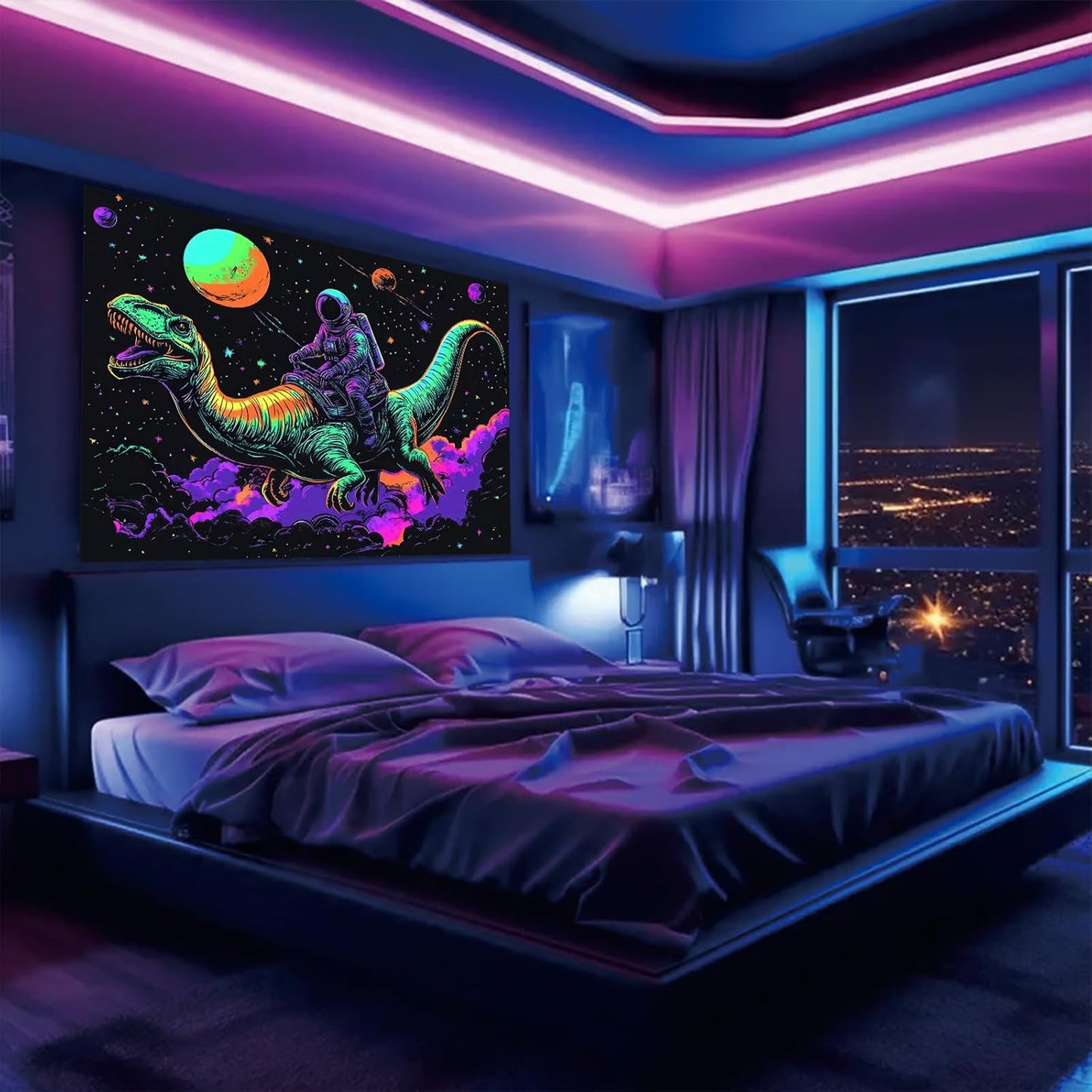 Starlit Patio Blacklight Funny Space Astronaut Dinosaur Tapestry Glow in The Dark UV Reactive Wall Hanging Tapestry Trippy Space Art Poster for Men Guys Room Bedroom Decor 78 x 59 Inches