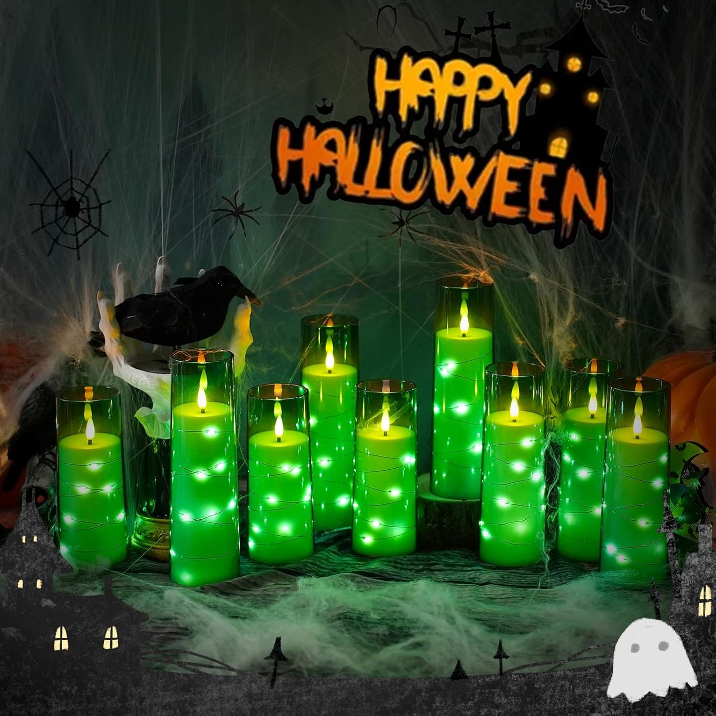 Flickering Flameless LED Candles,Battery Operated Candles 9 Pcs with Embedded Star String,Acrylic LED Pillar Candles with Remote,Suitable for Home Decoration to Create an Atmosphere (Green)