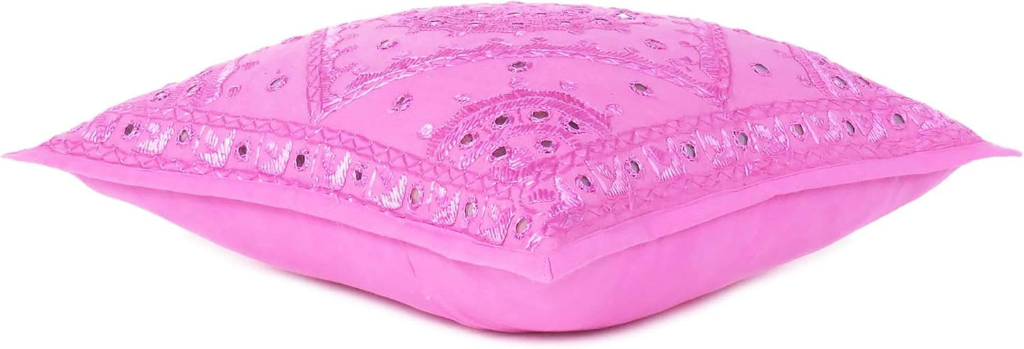 Eyes of India Embroidered Decorative Boho Throw Pillow Cover with Mirrors, Handmade Bohemian Accent Cushion Case for Sofa Couch Bedroom Living Room (Pink, 24" x 24")