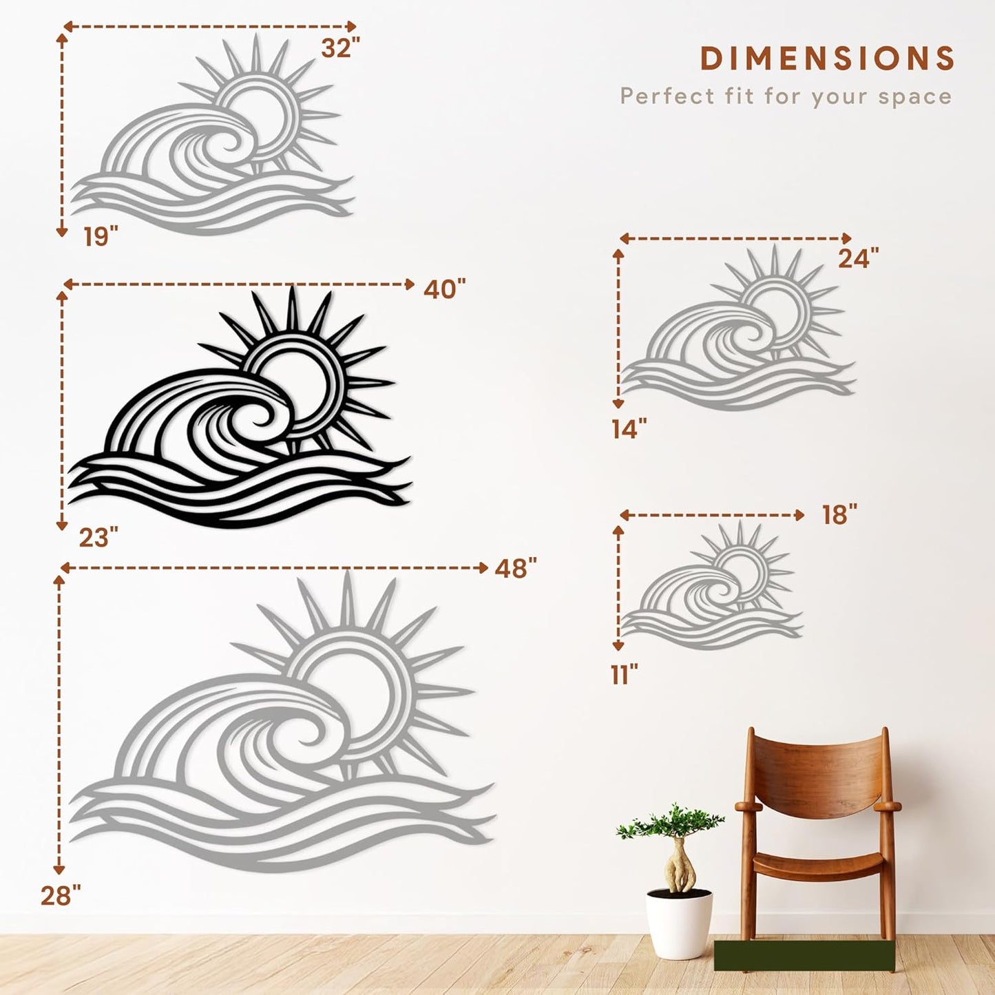 Wita Home Ocean Wave Metal Wall Art, Sun Beach Decor, Coastal Large Wall Sculpture for Home, Indoor/Outdoor Use, Nautical Wall Hanging, Eye-Catching Addition to Living Room (Black, 40 x 23 inches)