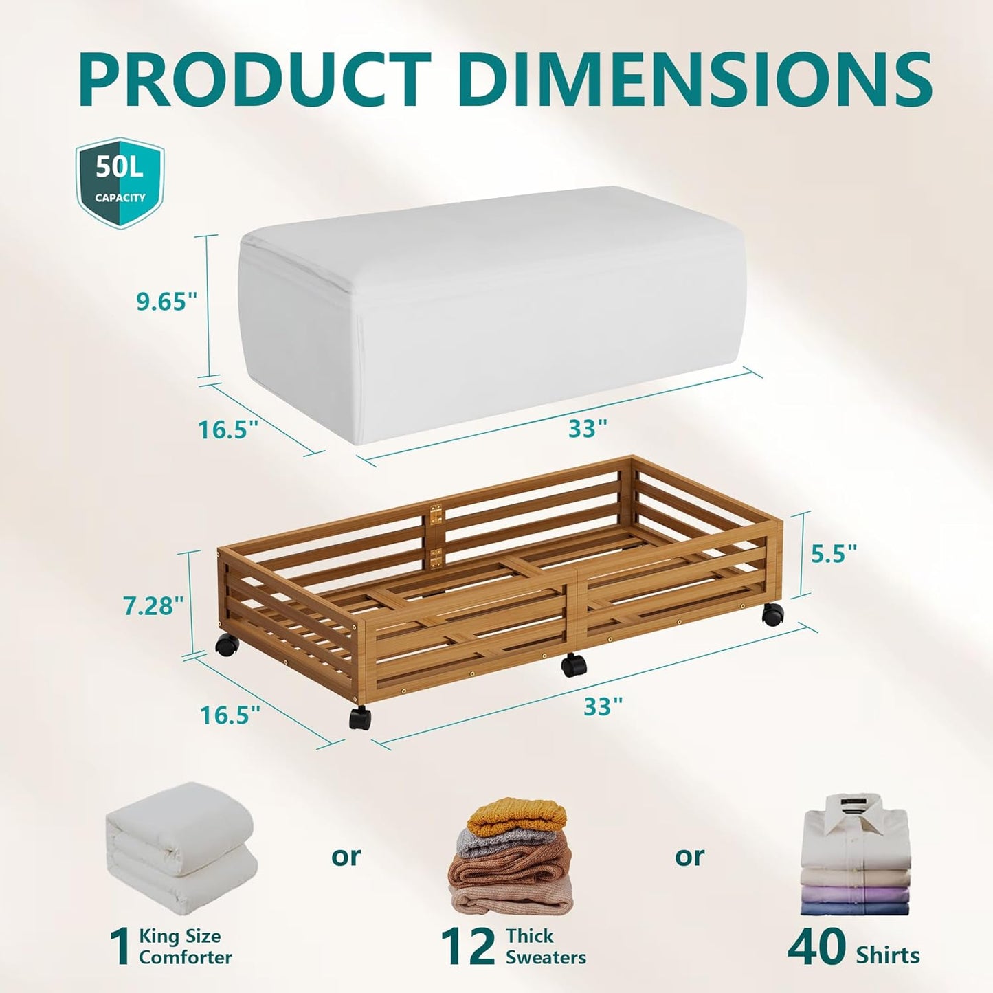 Bamboo Under Bed Storage Containers- Underbed Organizer with Wheels with Large Dust Bag,Sturdy Wood Rolling Under the Bed Shoe Storage Organizer Drawer 2 Packs (Walnut, Long)