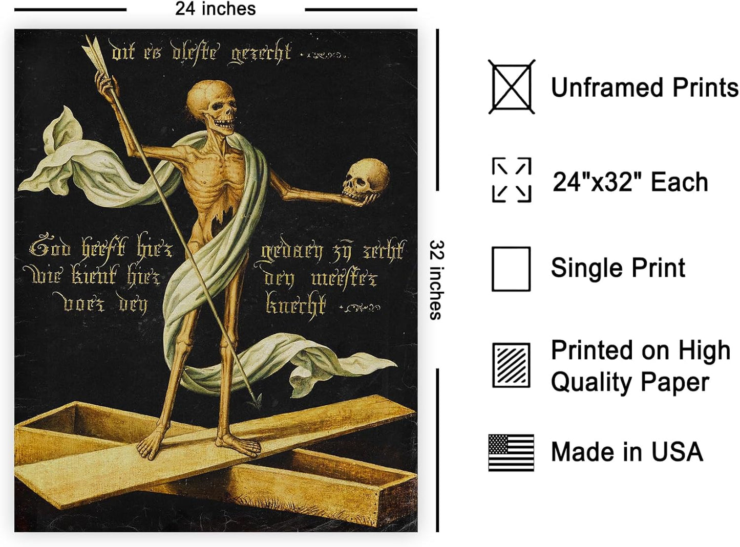 Poster Master Vintage Medieval Poster - Retro Gothic Print - Gift for Artist, Friend - Allegory of Life and Death, Skeleton, Dark, Skull - Wall Decor for Home, Living Room, 24x32 Unframed Wall Art