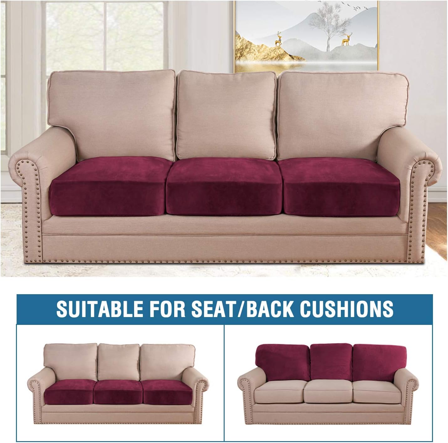 H.VERSAILTEX Velvet Stretch Couch Cushion Cover Plush Cushion Slipcover for Chair Loveseat Sofa Cushion Furniture Protector Seat Cushion Sofa Cover (3 Piece Sofa Cushion Covers, Burgundy)