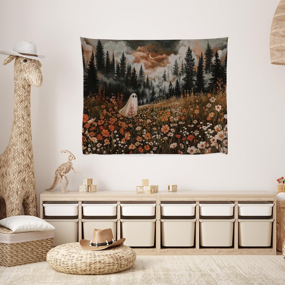 Spooky Fall Forest Art Halloween Tapestry Wall Hanging Cute and Funny Forest Flower Ghost Tapestry for Bedroom Whimsical Dark Academia Aesthetic Tapestries for Home Living Room Decor 50x60inch