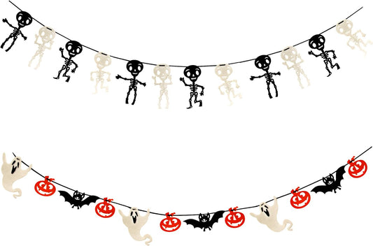 Gift Boutique - 9 Foot Halloween Garland Felt Banner Chain Decorations Indoor & Outdoor Party Supplies 18 Feet Total Pack of 2 Designs Skeletons Bat Pumpkin Ghost