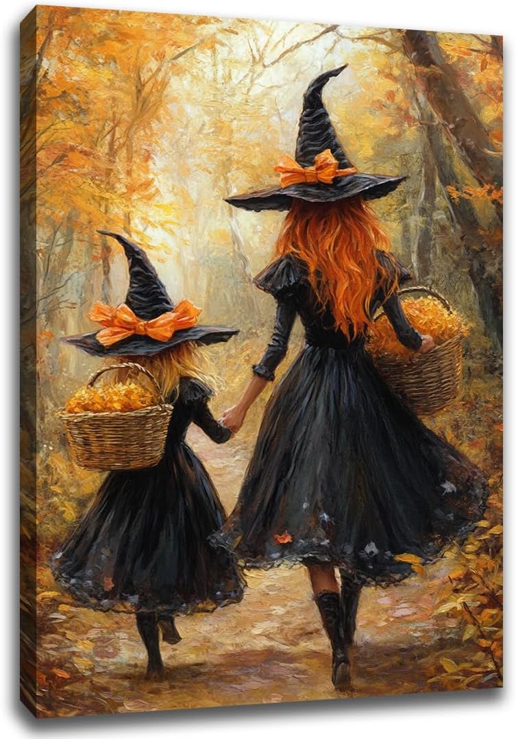 Mother Witch And Child Daughter Witch Wall Art,Halloween Autumn Woodland Forest Path Picture,Family Room Nursery Playroom Kids Room Decor,16"x24" Framed