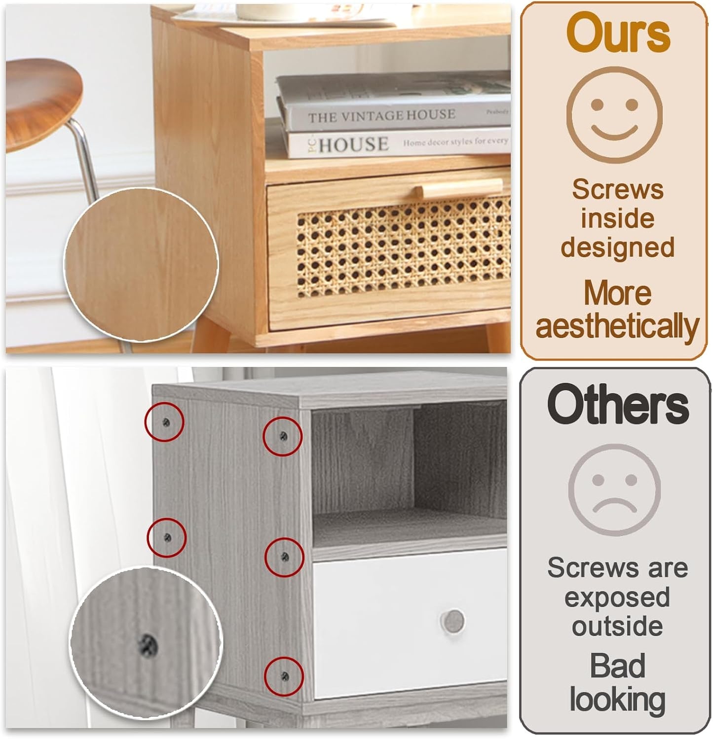 MaxSmeo Modern Nightstand Rattan Side End Table with Storage, for Living Room, Bedroom and Small Spaces, Accent Bedside Farmhouse Tables with Solid Wood Legs, Easy Assembly (Natural Walnut)