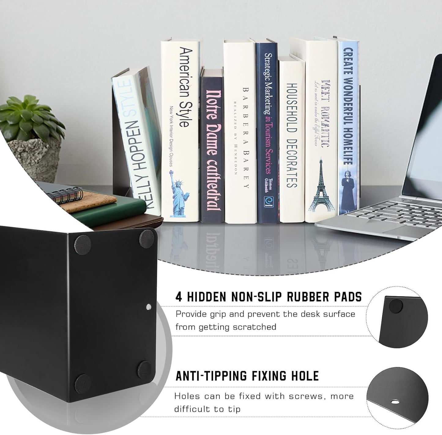 VONDERSO Metal Bookends, 4 Pairs Black Metal Book Ends Heavy Duty for Shelves Decor Home Office, Unique Black Bookends Supports Anti-Slip for Kids