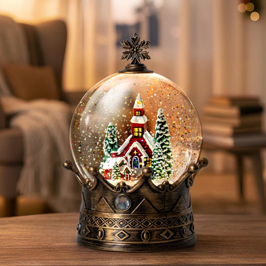 Christmas Snow Globe Lantern Water Glittering Churche Crown with Music, USB Lined/Battery Operated Lighted Lantern for Christmas Festival Decoration Gifts