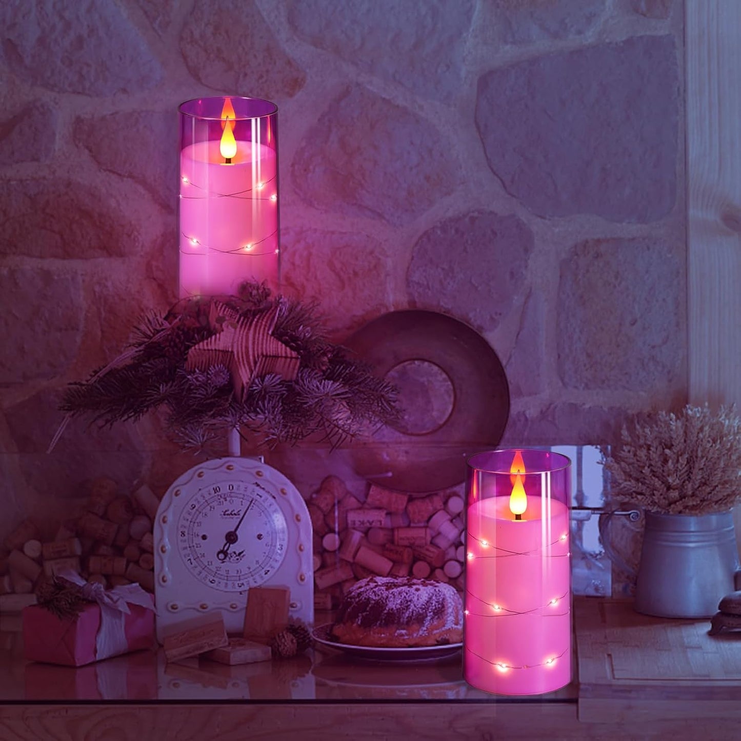 NURADA 3"x6"Flickering Flameless Candles: Built-in Star String Lights 3D Wick Battery Operated LED Pillar Candles with Remote and Timer for Table Wedding Centerpieces Party - 2 Pack Purple