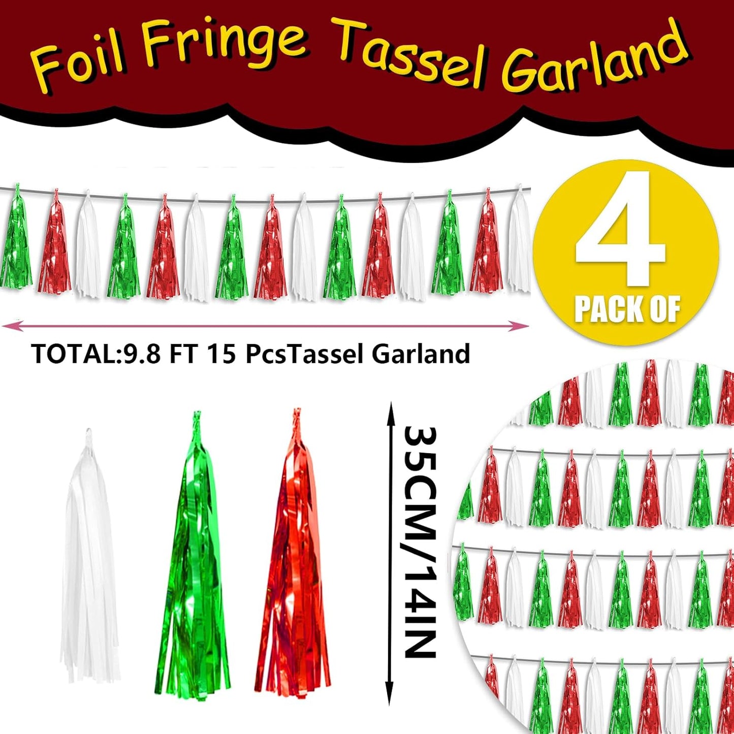 4P Red Green White Foil Fringe Metallic Tassel Streamers Banner Tassel Garland for Parade Floats, Graduation, Wedding, Birthday, Halloween, Christmas, Mexican Italian Birthday Party Decorations