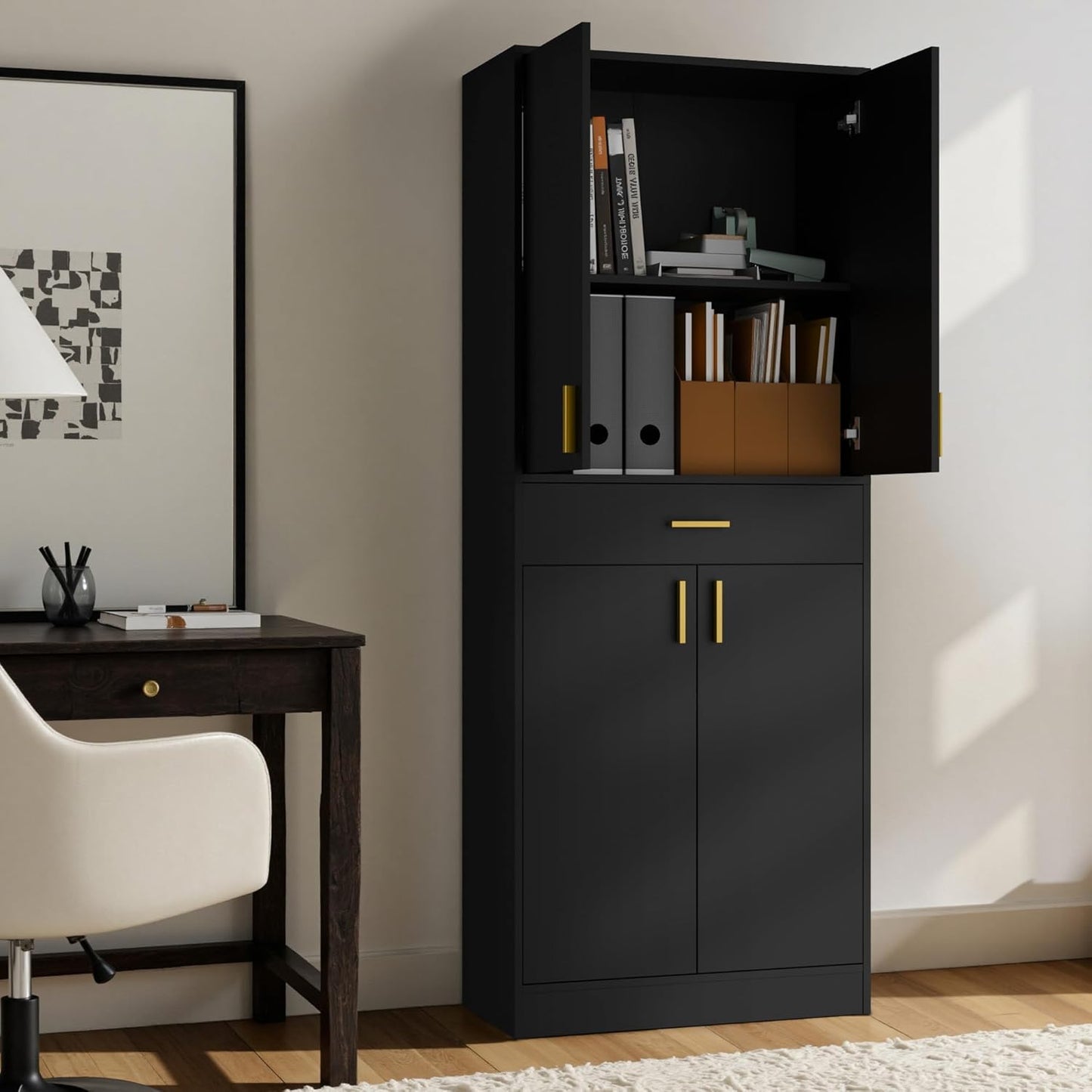Cozy Castle Pantry Cabinet, 71" Tall Kitchen Storage Cabinet with Doors and Shelves, Freestanding Wood Cupboard Utility Hutch with Drawer for Dining Room Living Room Bathroom Furniture, Black