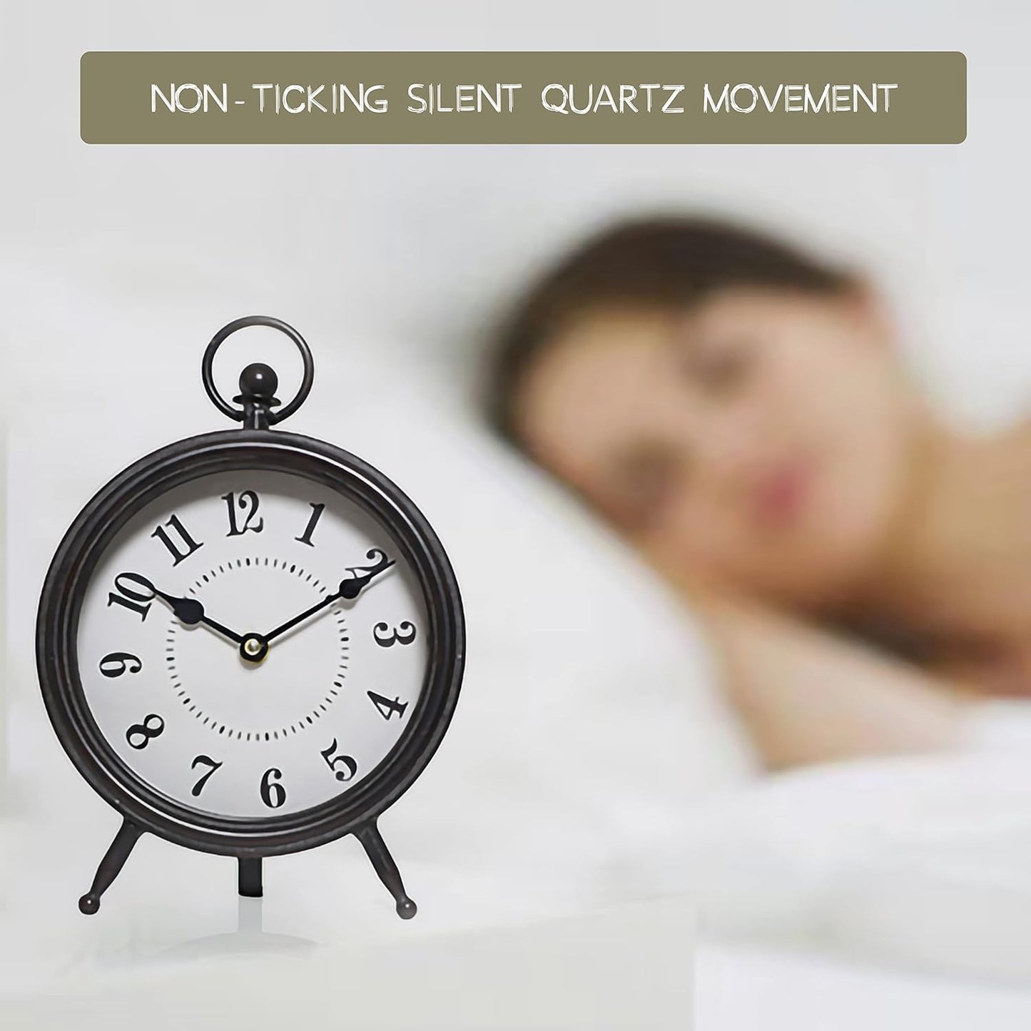 Vintage Decorative Desk and Shelf Clock, Rustic Mantel Clock Farmhouse Clock,Black Table Clock on Stand, Silent Non-Ticking 10.3 * 7.3 inch