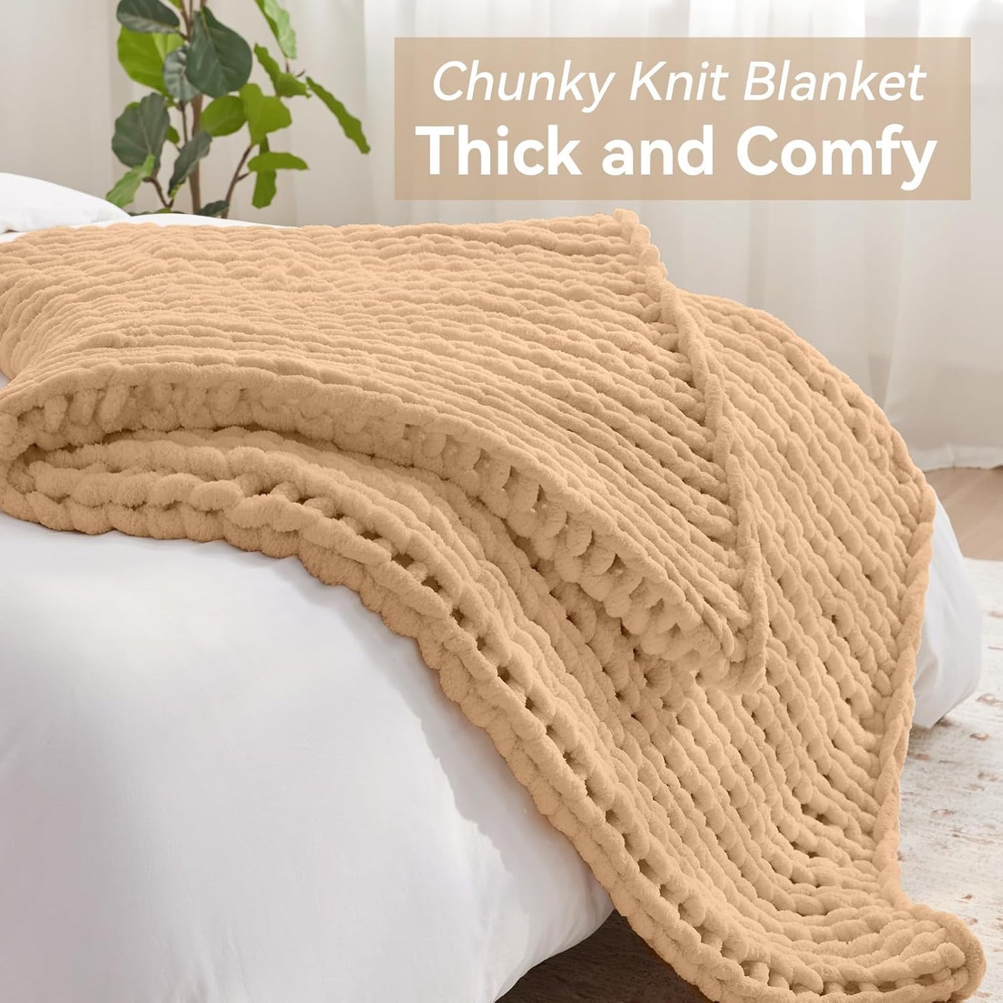 Chunky Knit Throw Blanket, 30''*40'' Knitted Throw Chenille Yarn for Bed Couch, Handmade Beige Crochet Big Thick Blanket, Machine Washable Cute Comfy Blanket for Home Decor