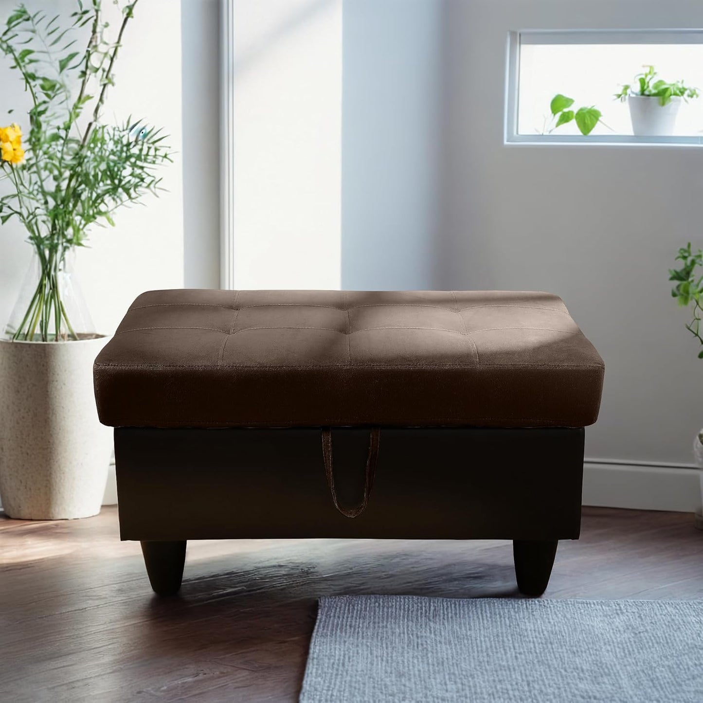 Ottoman Rectangular Storage Ottoman Bench, Flannel Footrest Stool Footstool with Lid for Living Room, Bedroom, Entryway, Dark Brown&Black, 35"x23.5"x17.5"