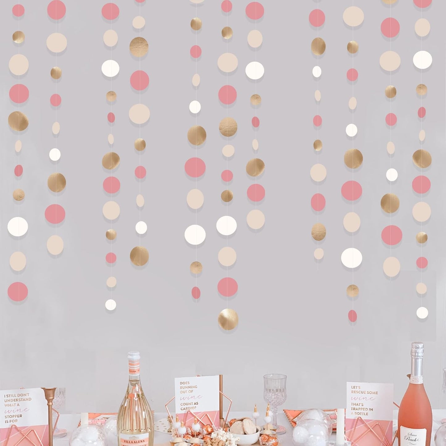 Champagne Gold Dusty Pink Decorations Circle Dots Garland Gold Pink Nude Neutral Cream White Boho Hanging Polka Dot Streamer for Bridal Shower Birthday Wedding Engagement Baby Shower Party Supplies