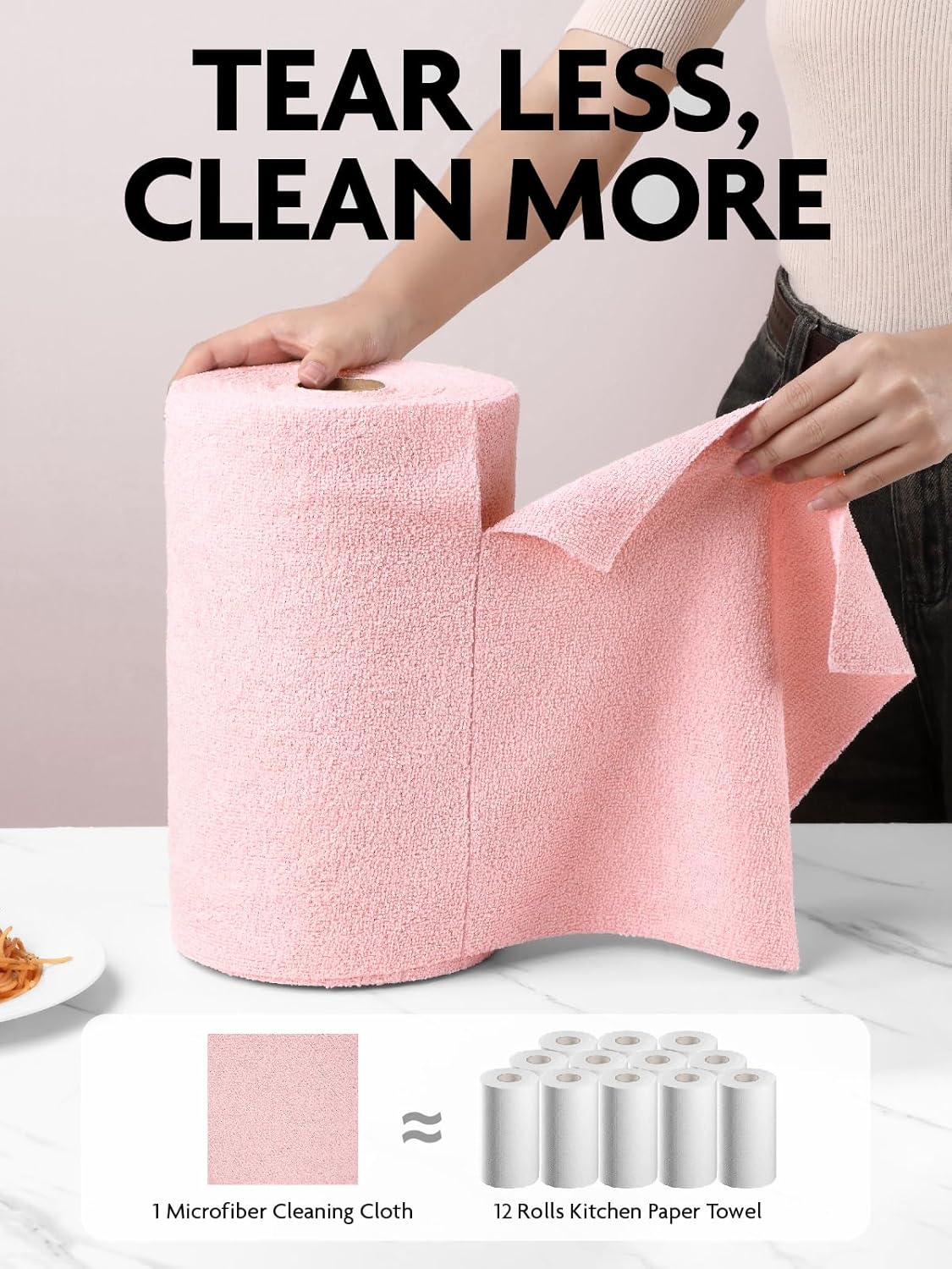 Fantasticlean Microfiber Cleaning Cloth Roll -150 Sheets, Tear Away Microfiber Towels, 12" x 12", Reusable Washable, Ultra Absorbent Dish Rags for Car, Home, Garage or Shop (2 Rolls of Pink)