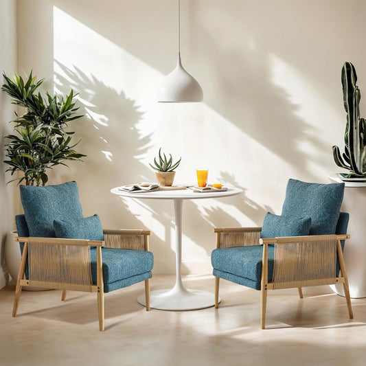 VINGLI Boho Braid Accent Armchairs Set of 2,Mid-Century Modern Chiars with Solid Wooden Armrest,Comfy Louge Cushion Chairs with Waist Pillow for Bedroom,Living Room,Reading Room, Teal
