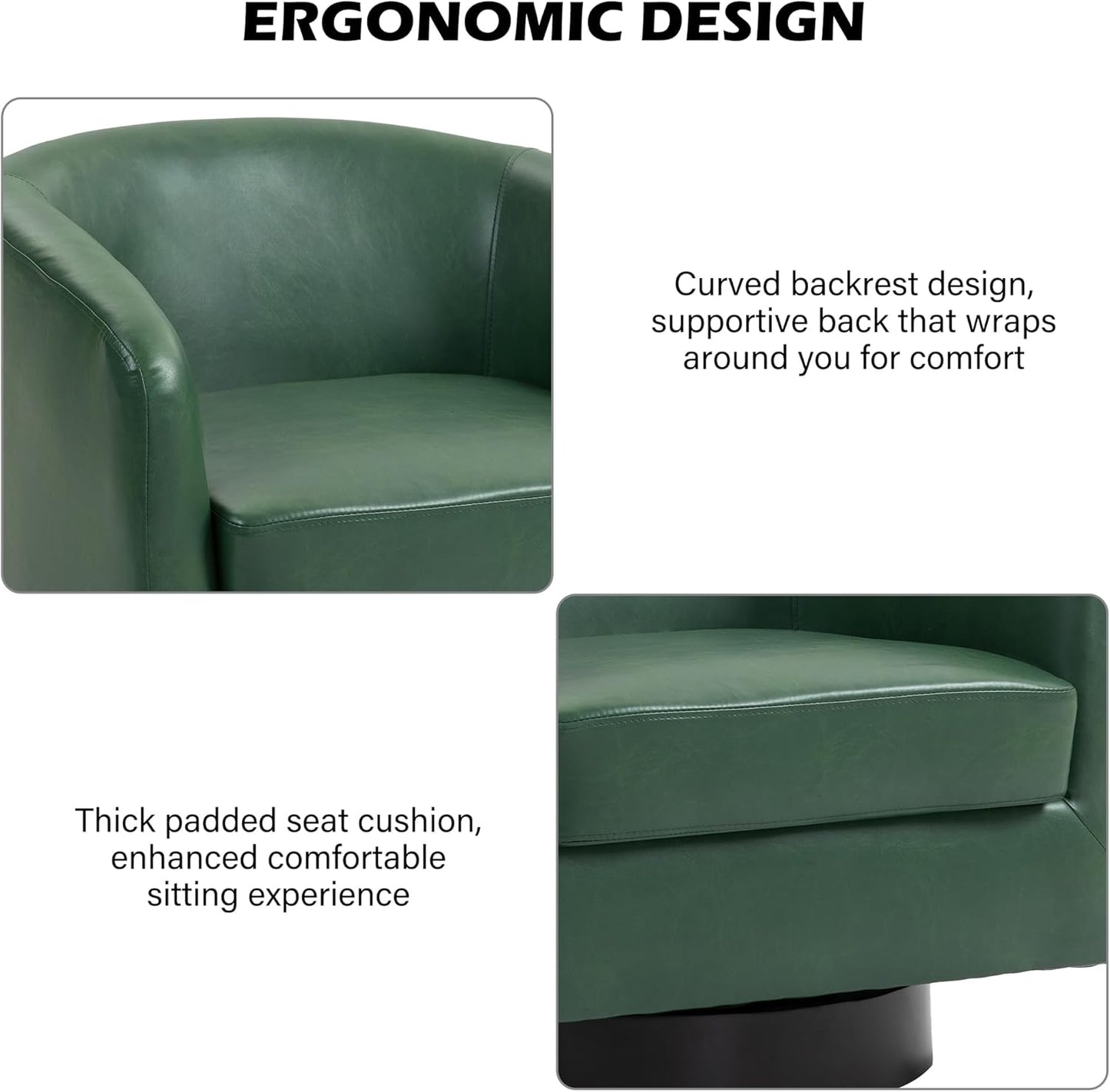 Swivel Barrel Accent Chair, Modern Round Faux Leather Arm Chair for Living Room, Bedroom, Comfy Club Reading Chairs for Adults(Faux Leather, Green, Set of 1)