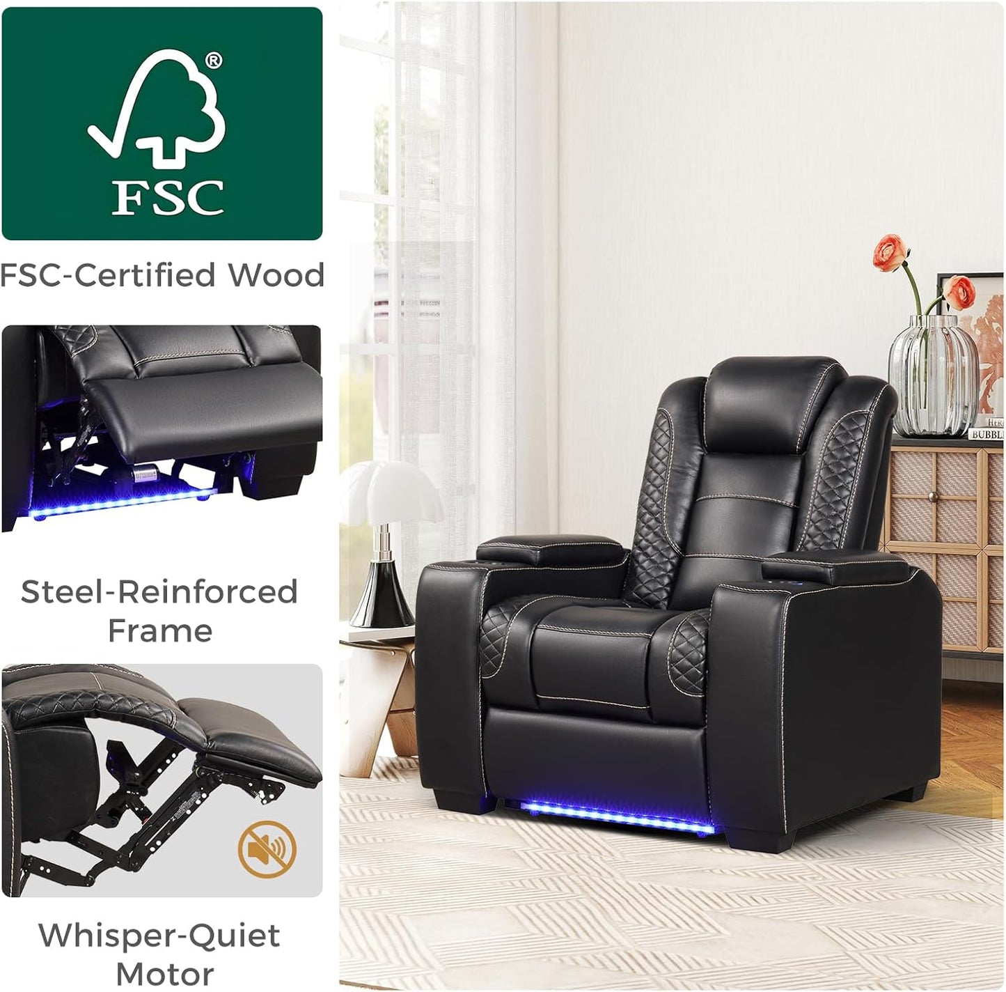 ANJ Power Recliner Home Theater Seating, Electric Recliner Chair with Adjustable Headrest,PU Leather Dual Motor Movie Reclining Chairs with Cup Holders LED Lights,USB Port,Hidden Arm Storage (Black)