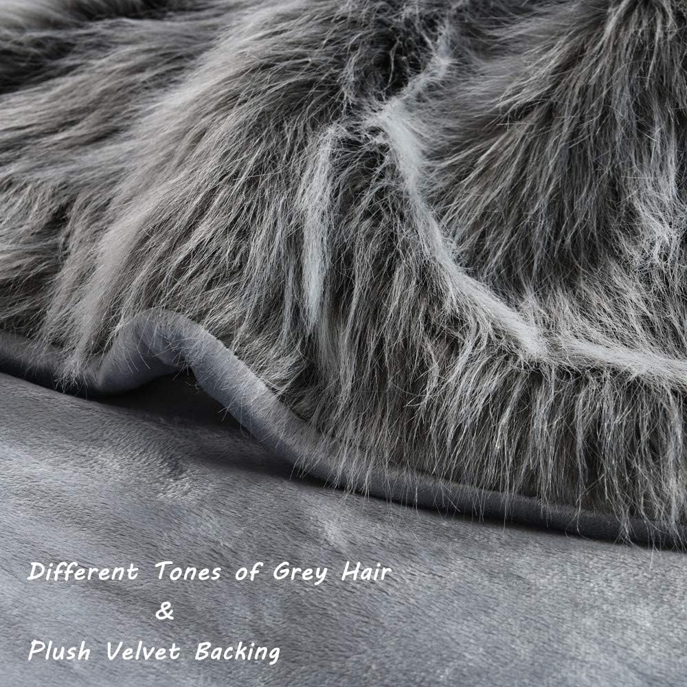 Luxury Faux Fur Blanket Queen Size, Ultra Big Grey and Black High Pile Mixed Faux Fur Throw, Oversized Super Warm, Fuzzy, Elegant, Fluffy Decoration Throw Blanket for Sofa, Couch and Bed, 90''x 90"