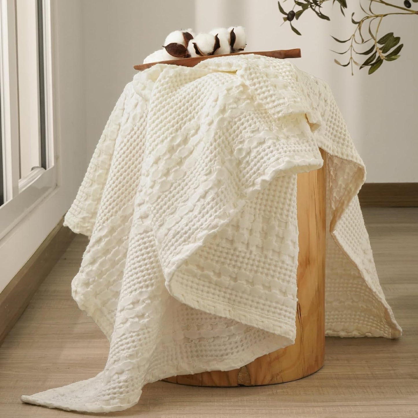 PHF 100% Cotton Waffle Weave Throw Blanket, Soft Lightweight Breathable Cozy Summer Throws for Couch Bed Sofa, Luxury Aesthetic Woven Blanket for Home Decor & Office, 50"x60", Cannoli Cream