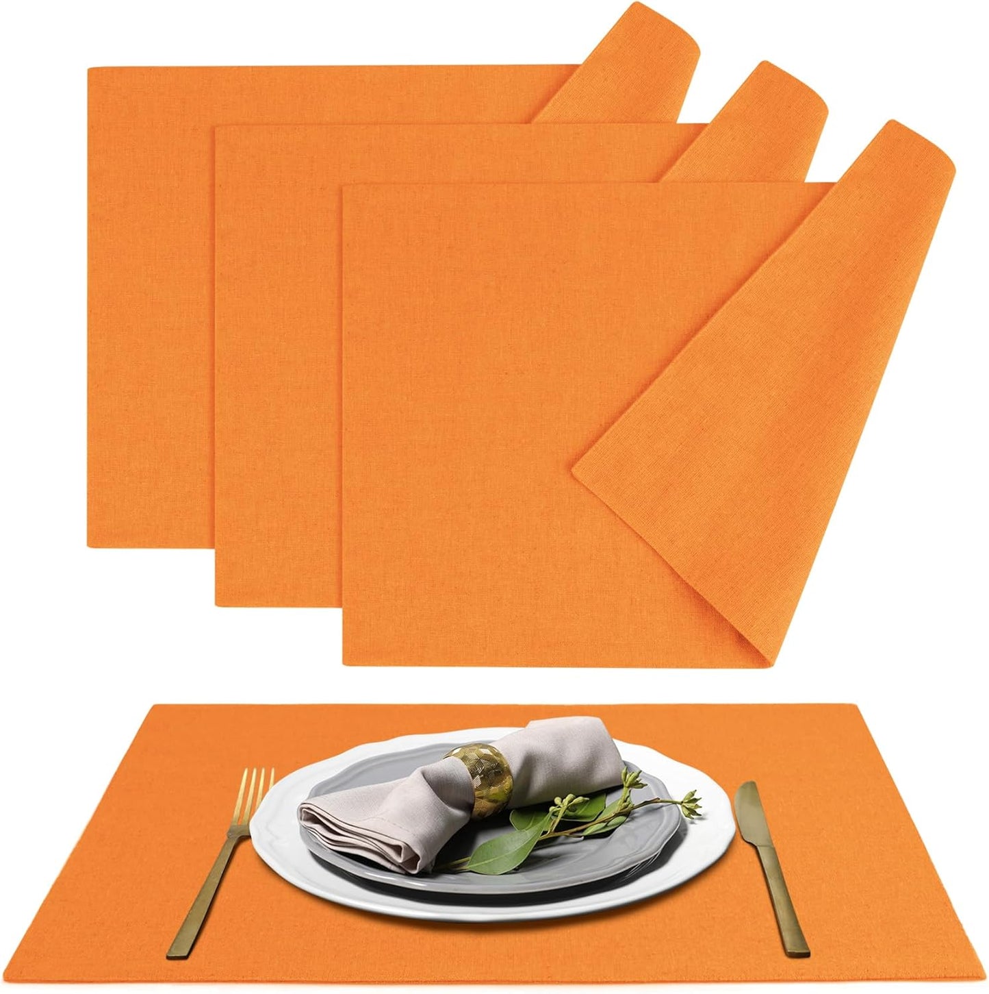 MANSPHIL Orange Cloth Placemats Set of 4, Washable Thick Faux Linen Place Mats Heat Resistant Double Layer Table Mats for Dining Kitchen, 13x19 Inch