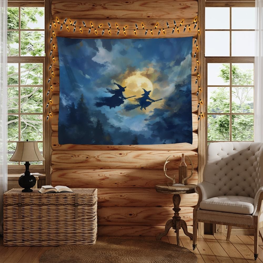 Spooky Halloween Witch Tapestry Wall Hanging Dark Fantasy Night Sky Aesthetic Print Flying Witches Under Full Moon Tapestries Horror Ghost Halloween Party Decor for Living Room Bedroom 60x80inch