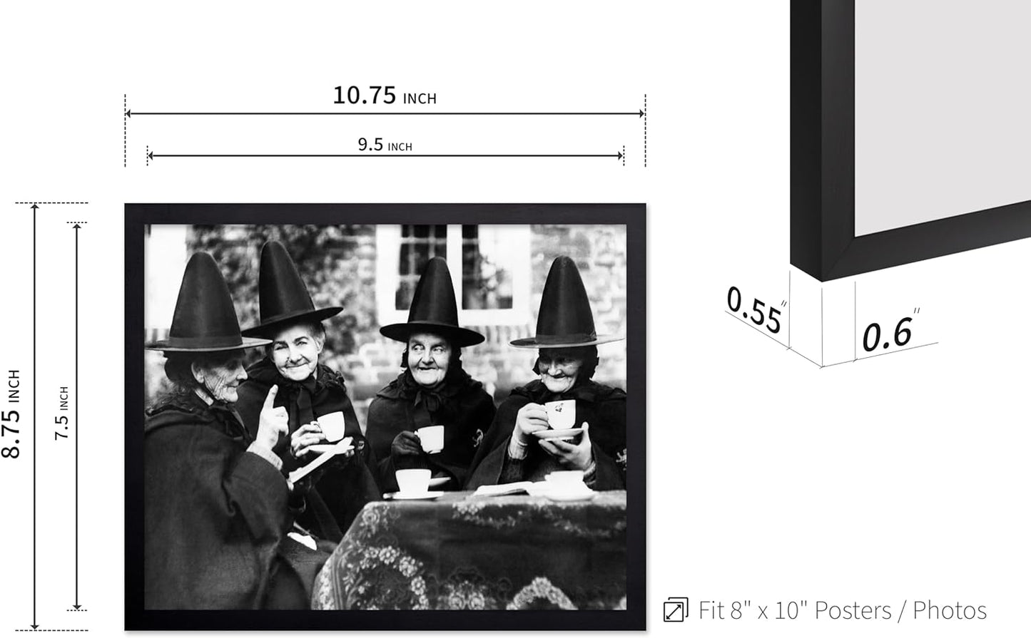 Poster Master Classic Photograph Poster - Vintage Halloween Print - Gift for Artist, Friend - Witches Tea Party, Old Women Smiling, Wearing Robes - Wall Decor for Living Room, 8x10 Black Framed