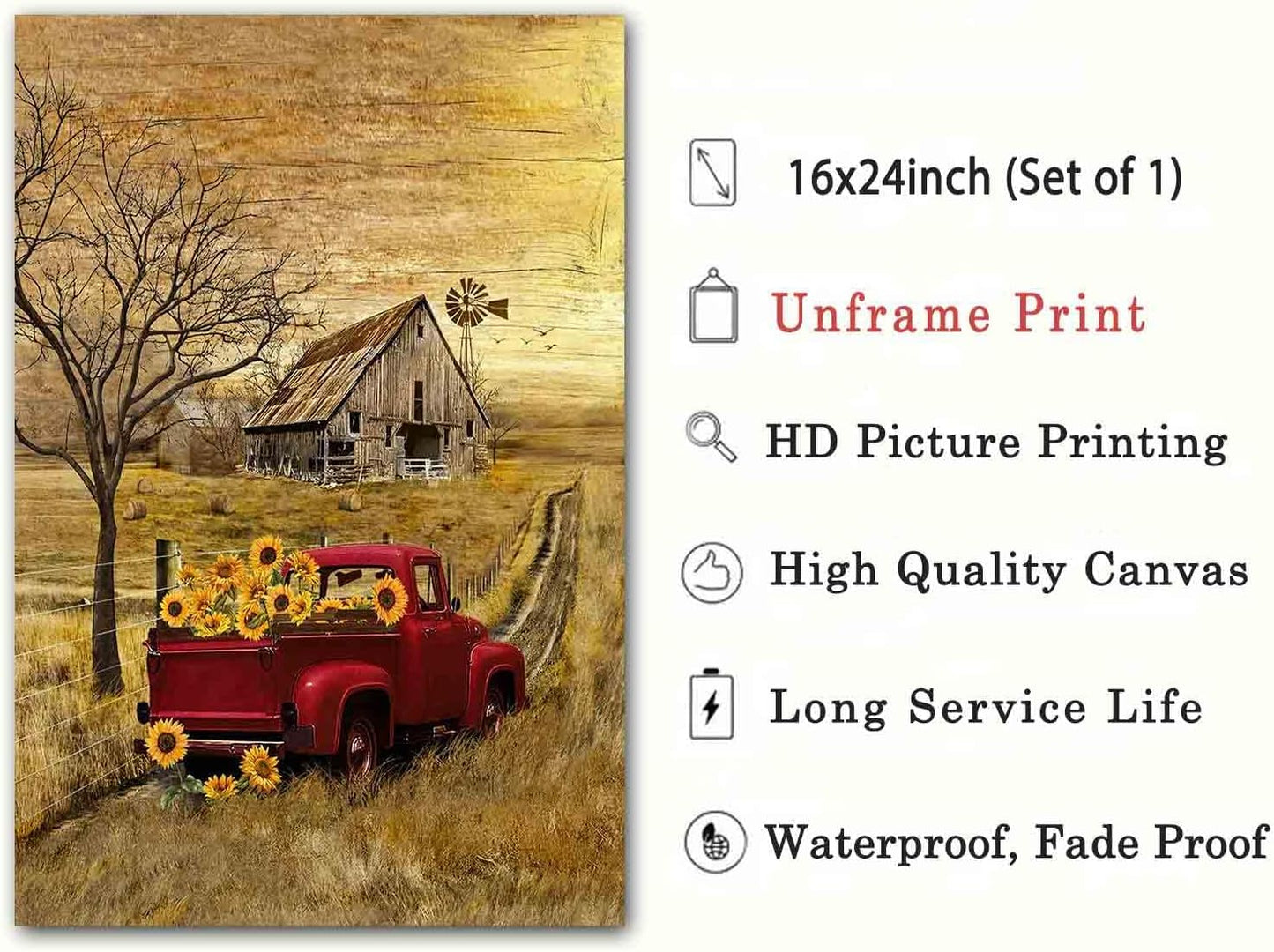 Barn Prints Farmhouse Old Barn Vintage Farmhouse Canvas Wall Art Red Truck Wall Art Old Truck Red Canvas House Pictures Wall Decor Old Barn Sunflower Pictures 16x24inch No Frame