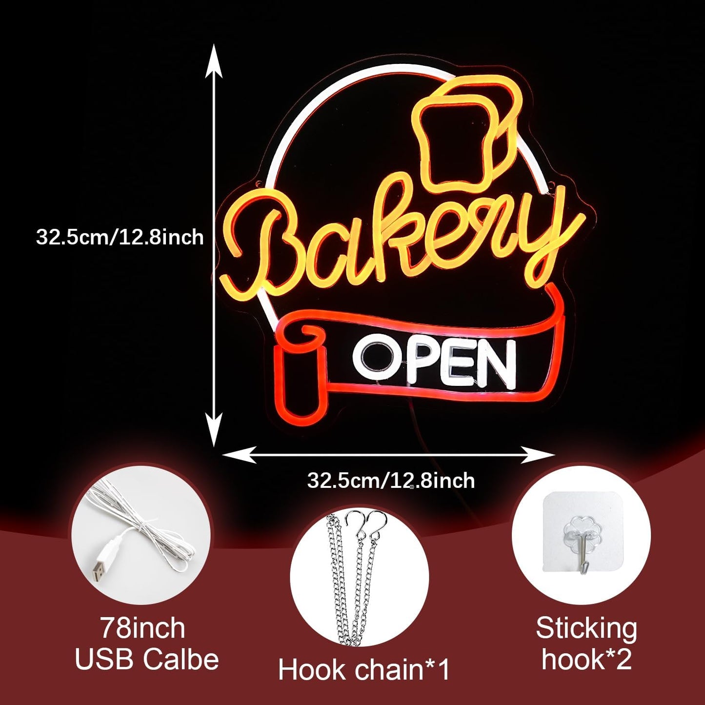 Dimmable Bakery Open Neon Sign USB Open Light Up Sign for Wall Decor Brighter LED Bakery Open Neon Light for Bakery Cake Shop Dessert House Business Decor(12.8 * 12.8 In)