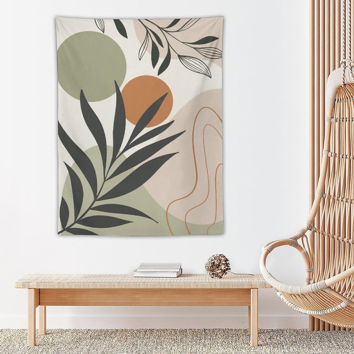 Abstract Bohemian Mid Century Tapestry, Tropical Leaves Modern Geometric Archway Minimalist Bohemian Botanical Aesthetic Wall Hanging, Sage Green Gold Home Decor Art for Bedroom 40x60 Inch