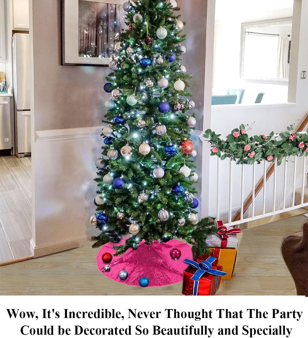 Partisout 48Inch Sequin Tree Skirt Christmas Skirts for Xmas Hawaii Rustic Cartoon Elegant Halloween Trees (Hot Pink)