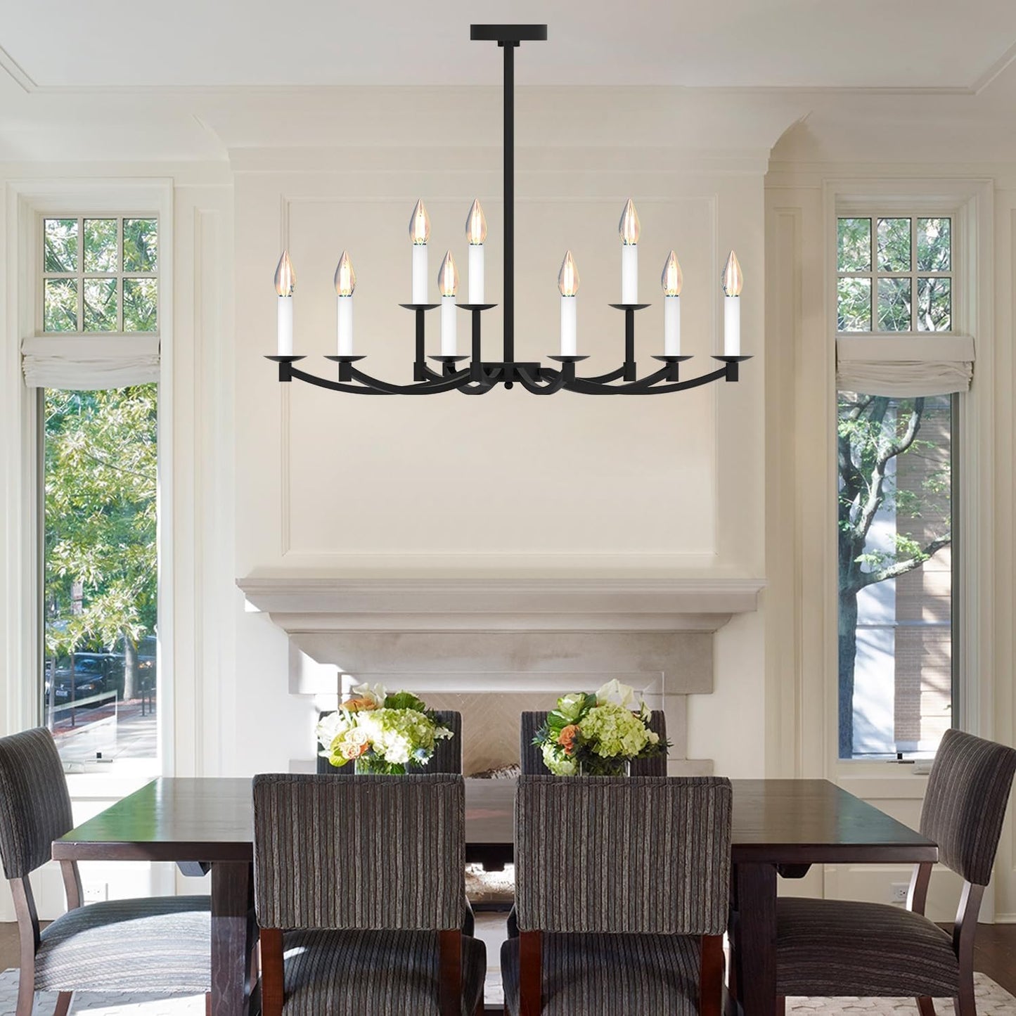 Round Black Chandeliers, Modern Candle Hanging Lights, LED Pendant Lighting Ceiling for Dining Room Bedroom Kitchen Island Farmhouse Living Room (Black-A 9Lights)