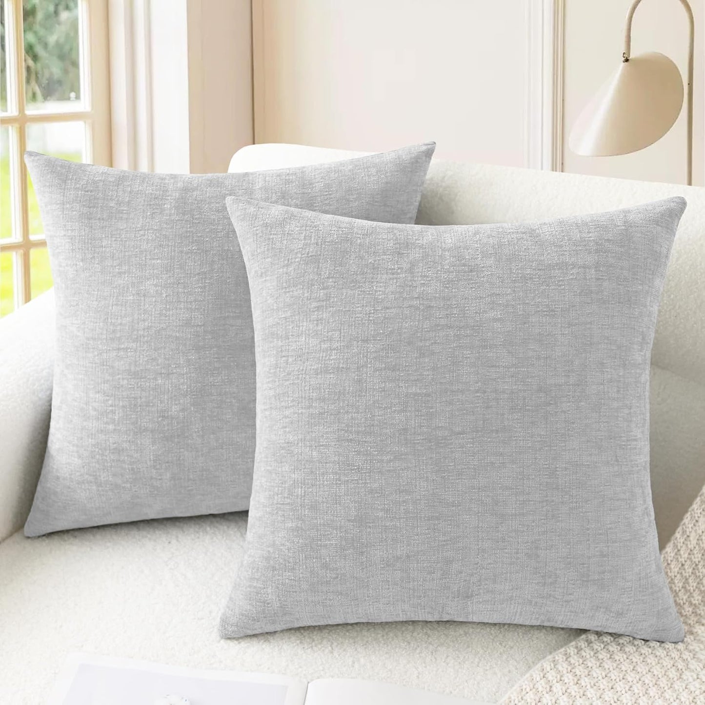 CaliTime Throw Pillow Covers Decorative 24 X 24 Inches Pack of 2 Cozy Chenille Cushion Cases for Couch Sofa Bed Living Room Home Moonbeam Gray