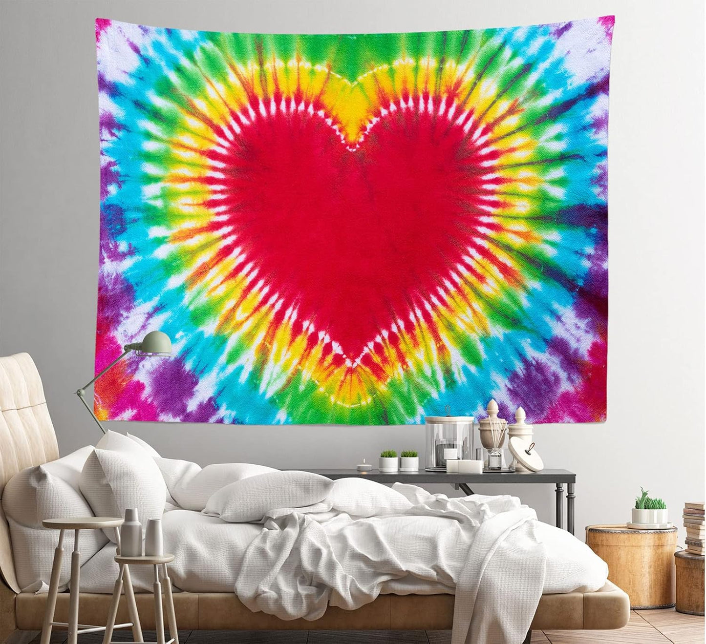 Loccor Colorful Tie Dye Tapestry Rainbow Heart Tie Dye Watercolor Wall Hanging Abstract Hippie Wall Decor LBGT Party Supplies Home Bedroom Living Room Decor W60 x H40 inches