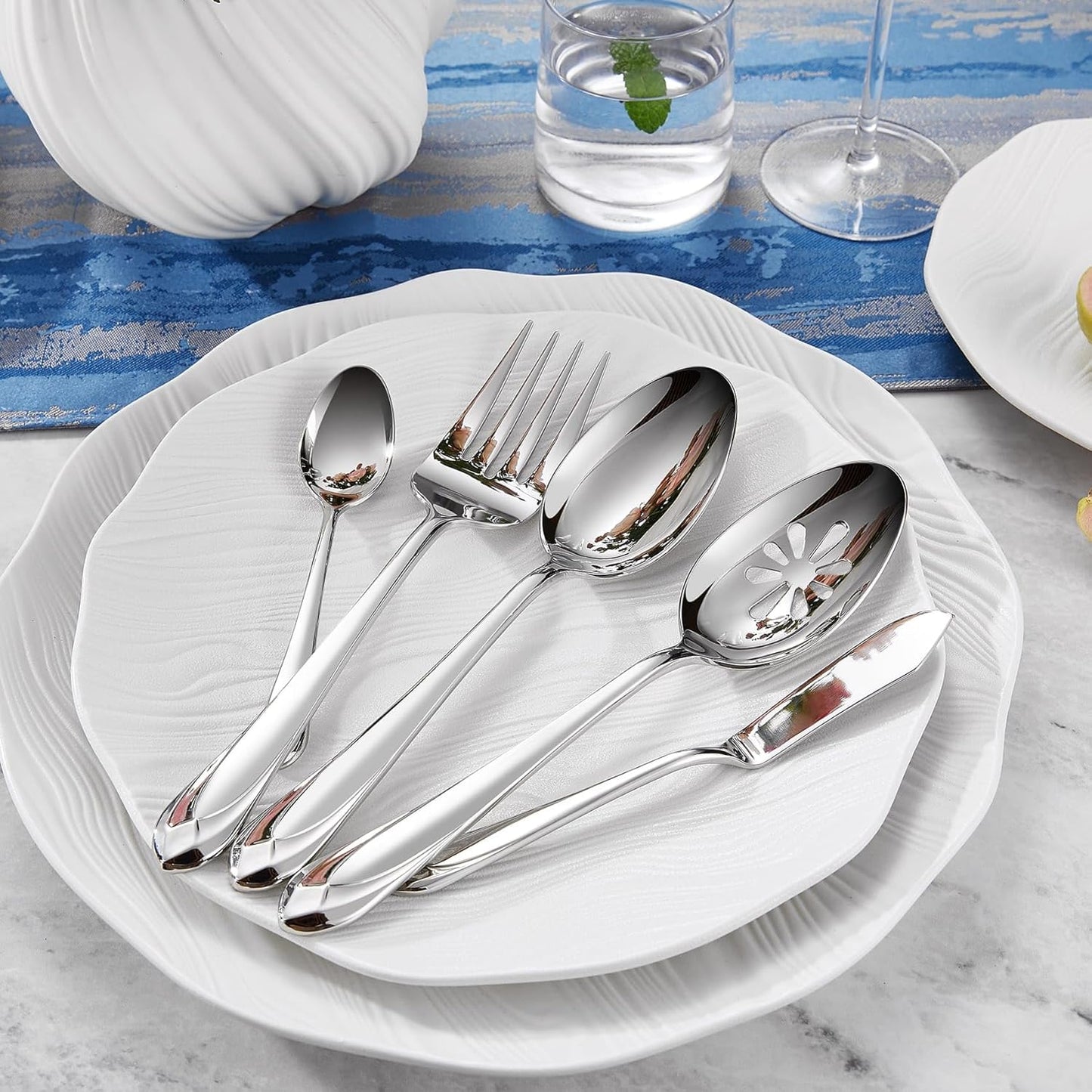 KEAWELL Premium Astra Flatware Set, 45-Piece Silverware Set for 8, Mirror-Finished 18/10 Stainless Steel, Modern Cutlery Dishwasher Safe for Meals and Gatherings (45, Silver)