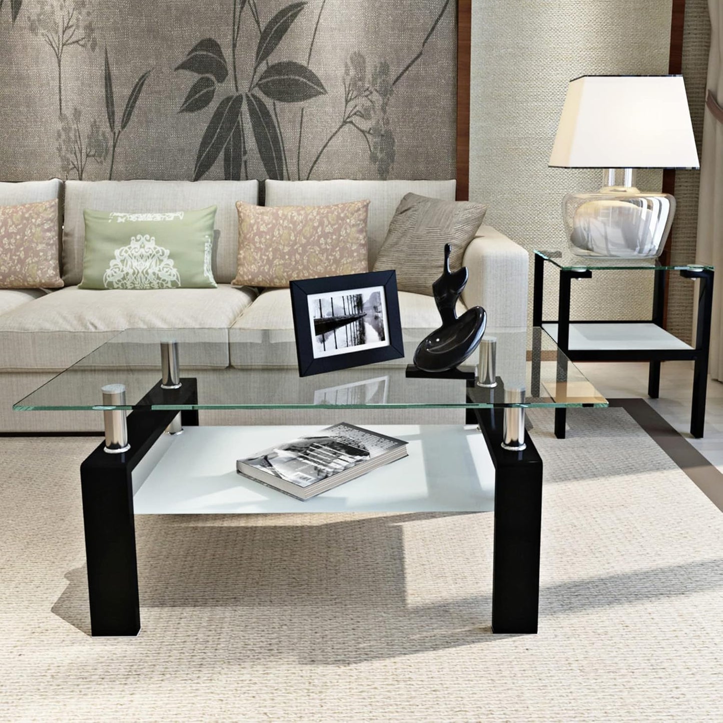 Glass Coffee Table for Living Room, 2 Layer Center Table with Clear Rectangle Tempered Glass Top Black Metal Leg, Mordern Home Office Furniture