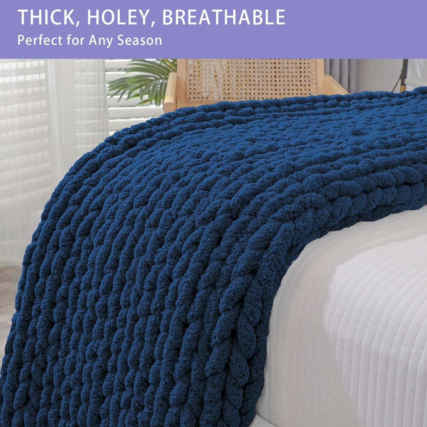 Bigacogo Chunky Knit Throw Blanket for Couch, 80x90 inches, 100% Hand Knitted with Thick Jumbo Chenille Yarn, Cozy Soft Large Rope Knot Cable Crochet Blankets for Sofa Bed Living Room, Navy Blue
