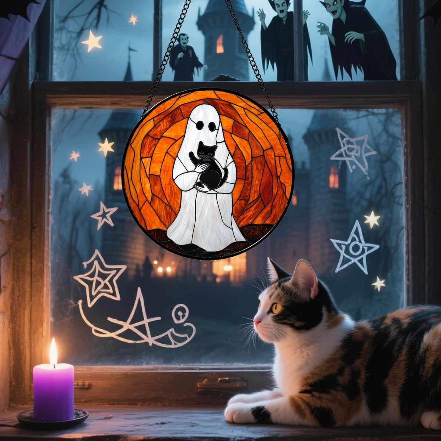 Stained Glass Window Hanging - Halloween Cute White Ghost Black Cat Suncatcher for Doors Garden Home Spooky Orange Sun Catchers Gothic Decor Horror Gift for Women Men Friend Boy Girl 7.8 in