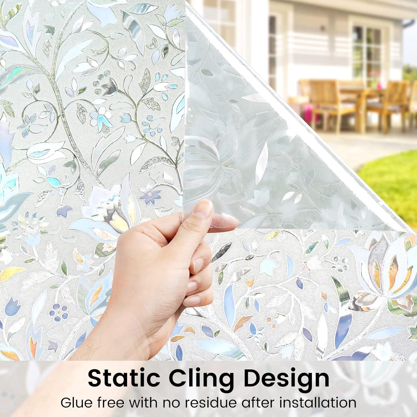 DOWELL Window Privacy Film, 3D Stained Glass Rainbow Films, Decorative Window Vinyl Sun Blocker Door Covering, Static Cling Non-Adhesive Glass Sticker for Home, Blooming Flowers, 17.5"x118.1"