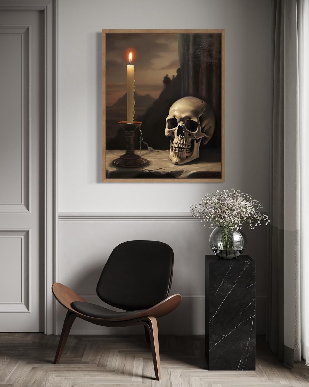 Skull and Candle Poster Art Print, Halloween Scary Vintage Wall Art Academia Spooky Painting Decoration for Horror Prints, Gothic Posters Bedroom Decor 89 (Skull and Candle, 11 x 14 inches, Wood Frame)