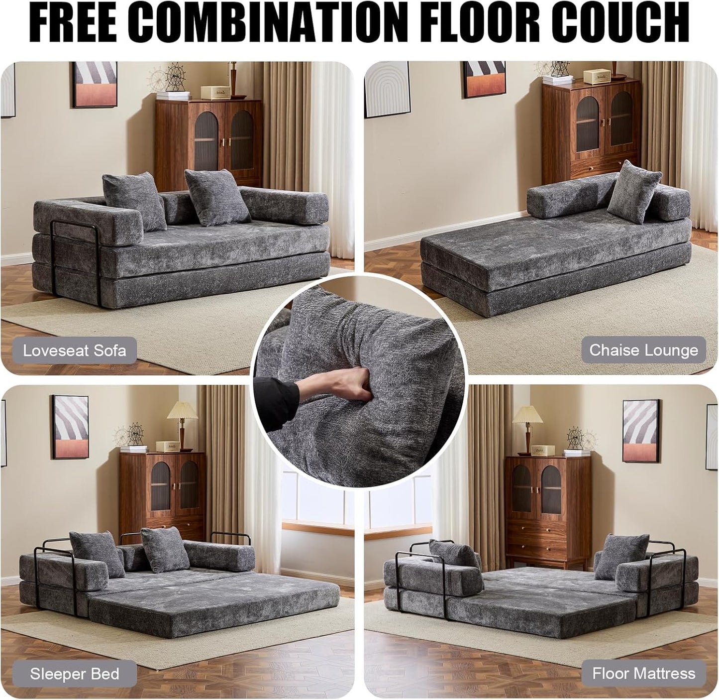 Convertible Sleeper Sofa Bed, Compression Folding Sofa with Pillow, No Assembly Required, Shape Frame, Floor Sofas Lounge Couch for Living Room, Bedroom, Small Spaces(Chenille, 77''W, Dark Grey)